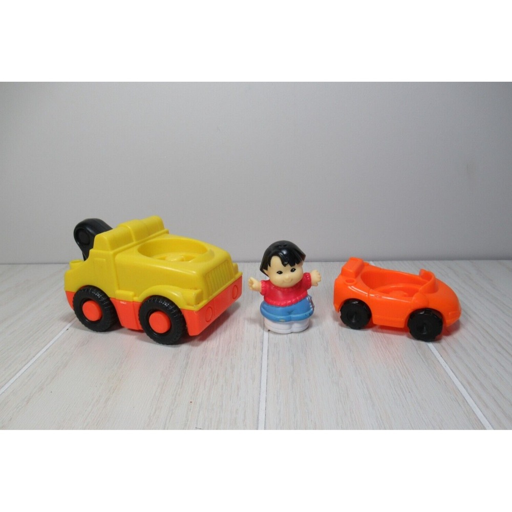 Fisher Price Little People Car Asian boy Figure yellow orange sounds tow truck